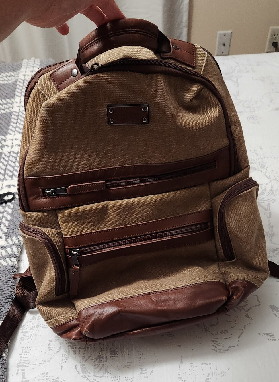 Women's Canvas Backpack in Brown with Leather Trim